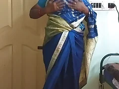 des indian hornmad cheating tamil telugu kannada malayalam hindi wife vanitha wearing blue diagonal saree  exhibiting a resemblance big boobs with the addition of shaved pussy press hard boobs press gnaw rubbing pussy revilement